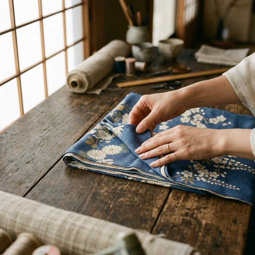 Руки, аккуратно складывающие ткань кимоно